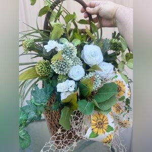 Farmhouse handmade White and Green Faux Floral Arrangement wicker basket